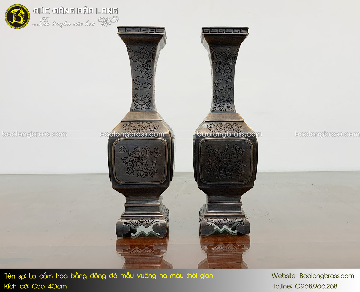 Lọ Cắm Hoa Bằng Đồng Đỏ Mẫu Vuông Hạ Màu Thời gian Cao 40cm tại Sài Gòn TPHCM