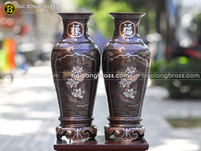 Lọ Hoa Bằng Đồng 42cm Khảm Tam Khí Hoa Sen tại Sài Gòn TPHCM