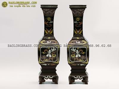 Lọ Hoa Mẫu Vuông Cổ Bằng Đồng Khảm Ngũ Sắc Cao 37cm tại Sài Gòn TPHCM