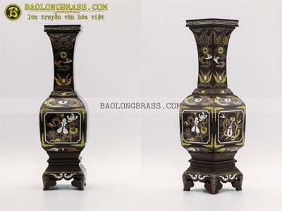 Lọ Hoa Mẫu Vuông Cổ Bằng Đồng Khảm Tam Khí Cao 37cm tại Sài Gòn TPHCM
