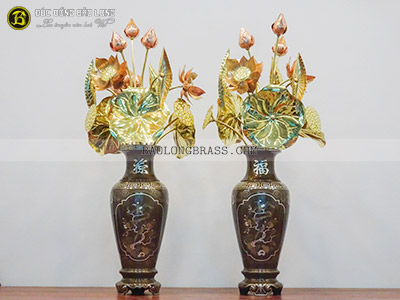 Lọ Hoa Thờ Cúng Bằng Đồng Khảm Tam Khí Cao 42cm tại Sài Gòn TPHCM