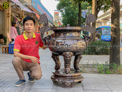 Lư Hương Đồng Cắm Nhang Khảm Tam Khí Điểm Vàng Cao 1m17