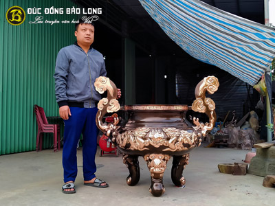Lư Hương Đồng Cắm Nhang Rồng Chầu Mặt Nguyệt Bằng Đồng Đỏ Cao 1m07