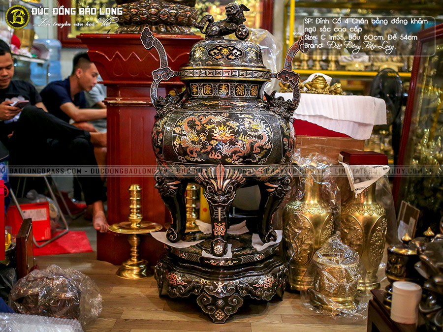 Lư Thờ Cổ 4 Chân Bằng Đồng Khảm Ngũ Sắc Cỡ Lớn Cao 1m35 ở Sài Gòn