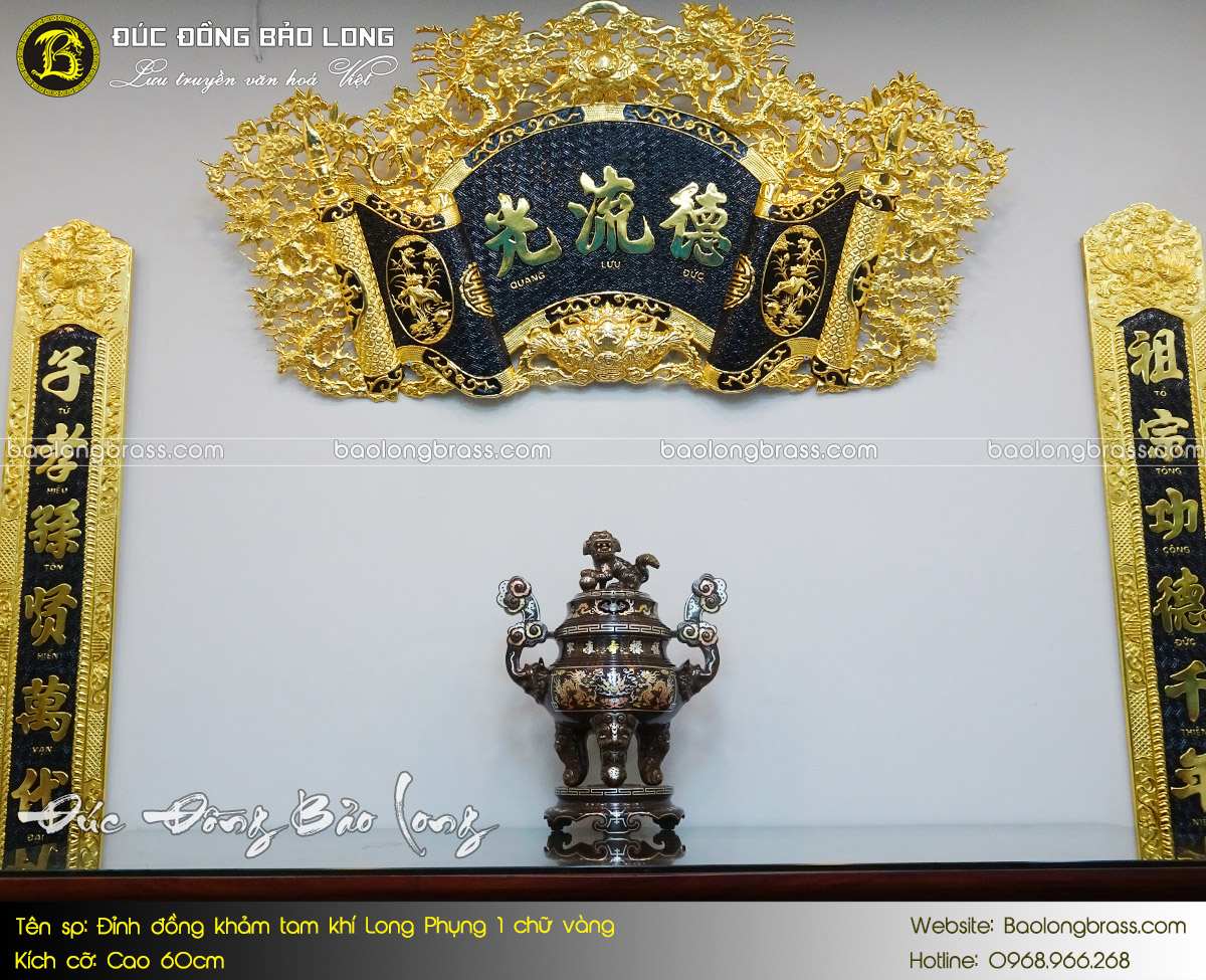 Lư Thờ Bằng Đồng Khảm Tam Khí Long Phụng 1 Chữ Vàng Cao 60cm ở Sài Gòn
