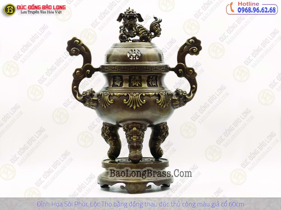 Lư Thờ Hoa Sòi Phúc Lộc Thọ Bằng Đồng Thau Màu Giả Cổ cao 60cm ở Sài Gòn