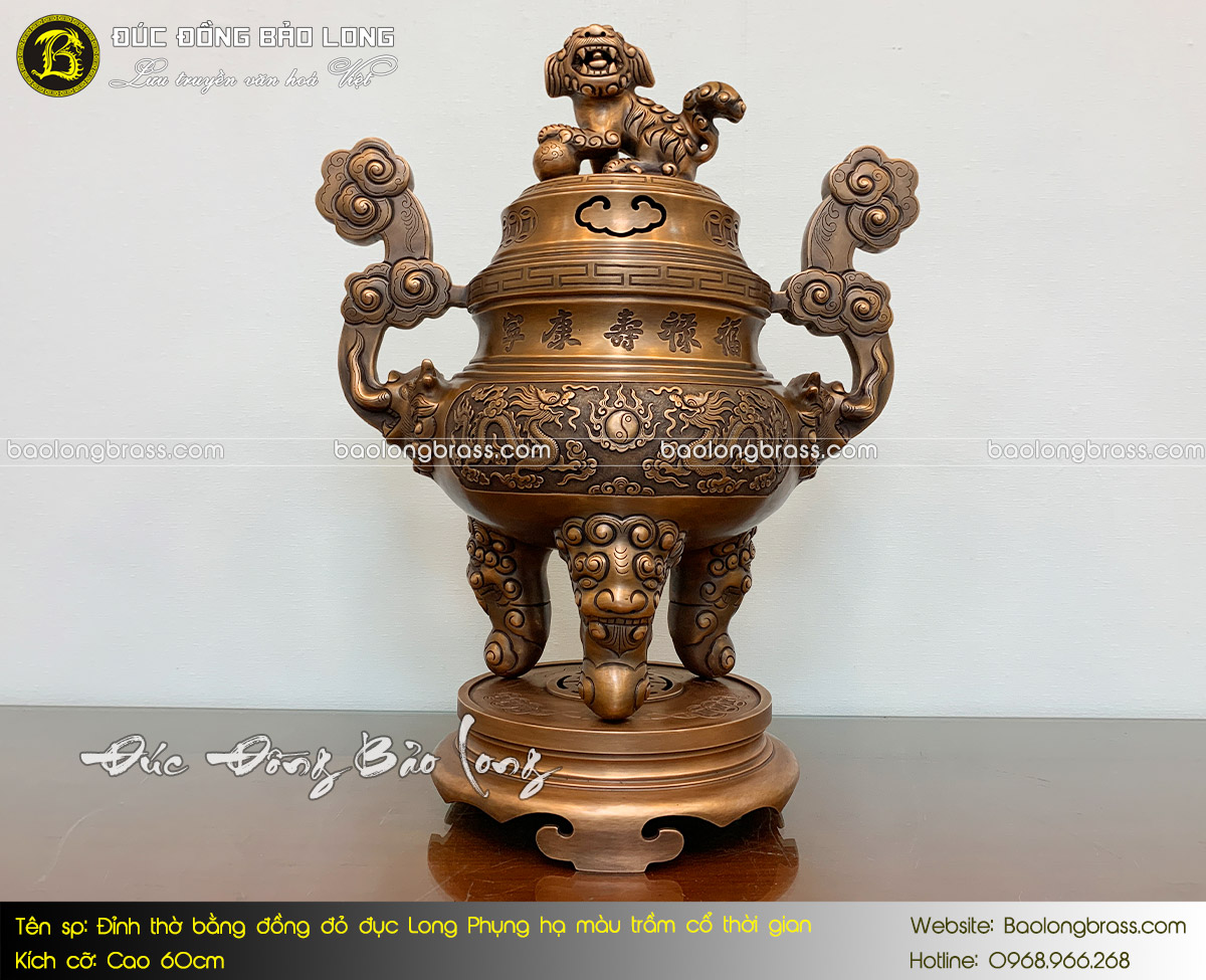 Lư Thờ Bằng Đồng Đỏ Đúc Long Phụng Hạ Màu Trầm Cổ Cao 60cm ở Sài Gòn