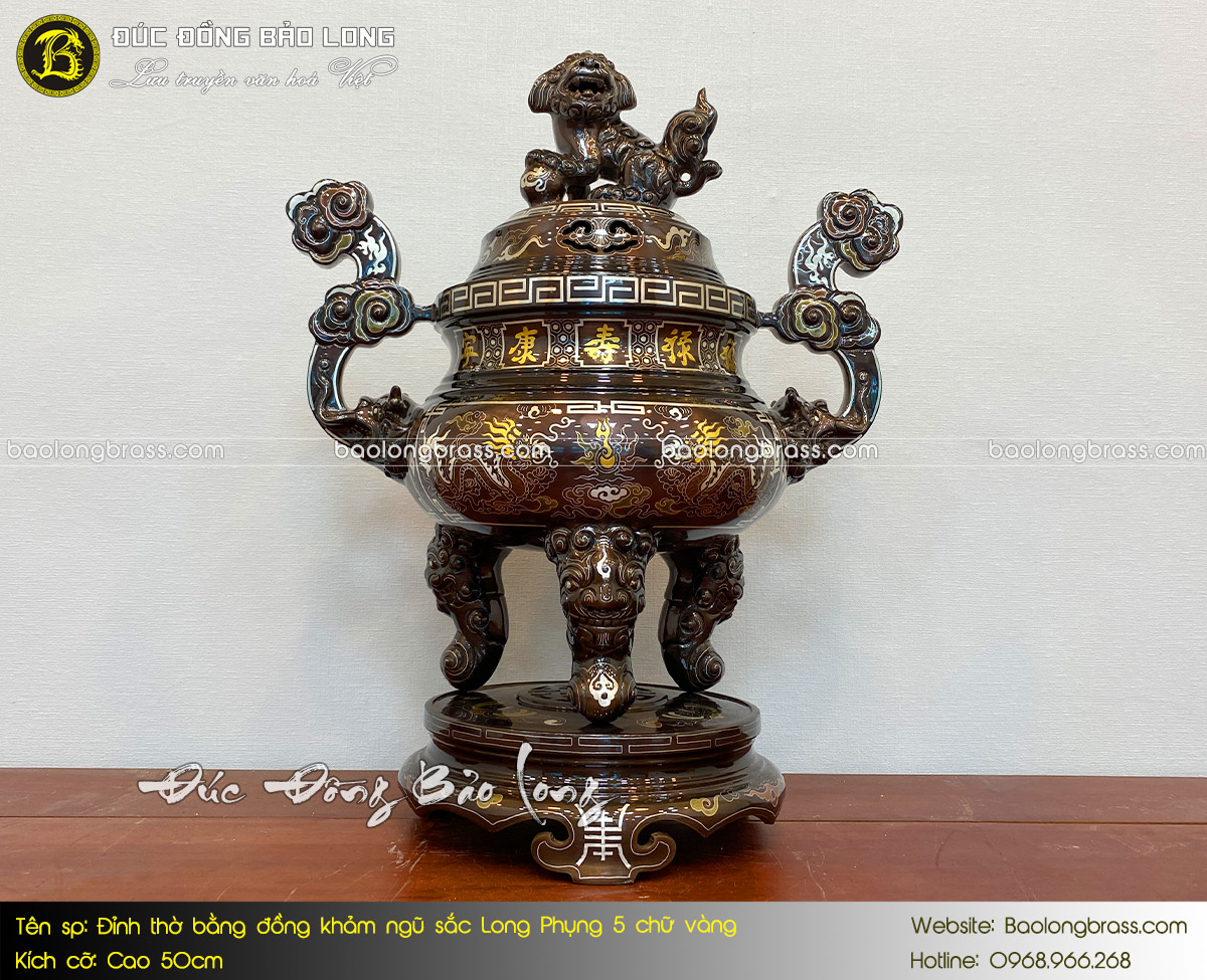 Lư Thờ Bằng Đồng Khảm Ngũ Sắc Long Phụng 5 Chữ Vàng Cao 50cm ở Sài Gòn