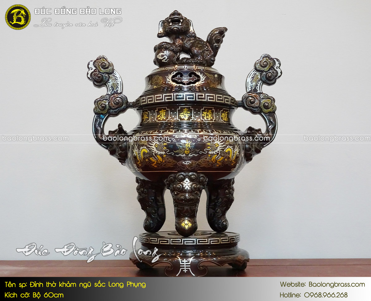 Lư Thờ Bằng Đồng Khảm Ngũ Sắc Long Phụng 5 Chữ Vàng Cao 60cm ở Sài Gòn