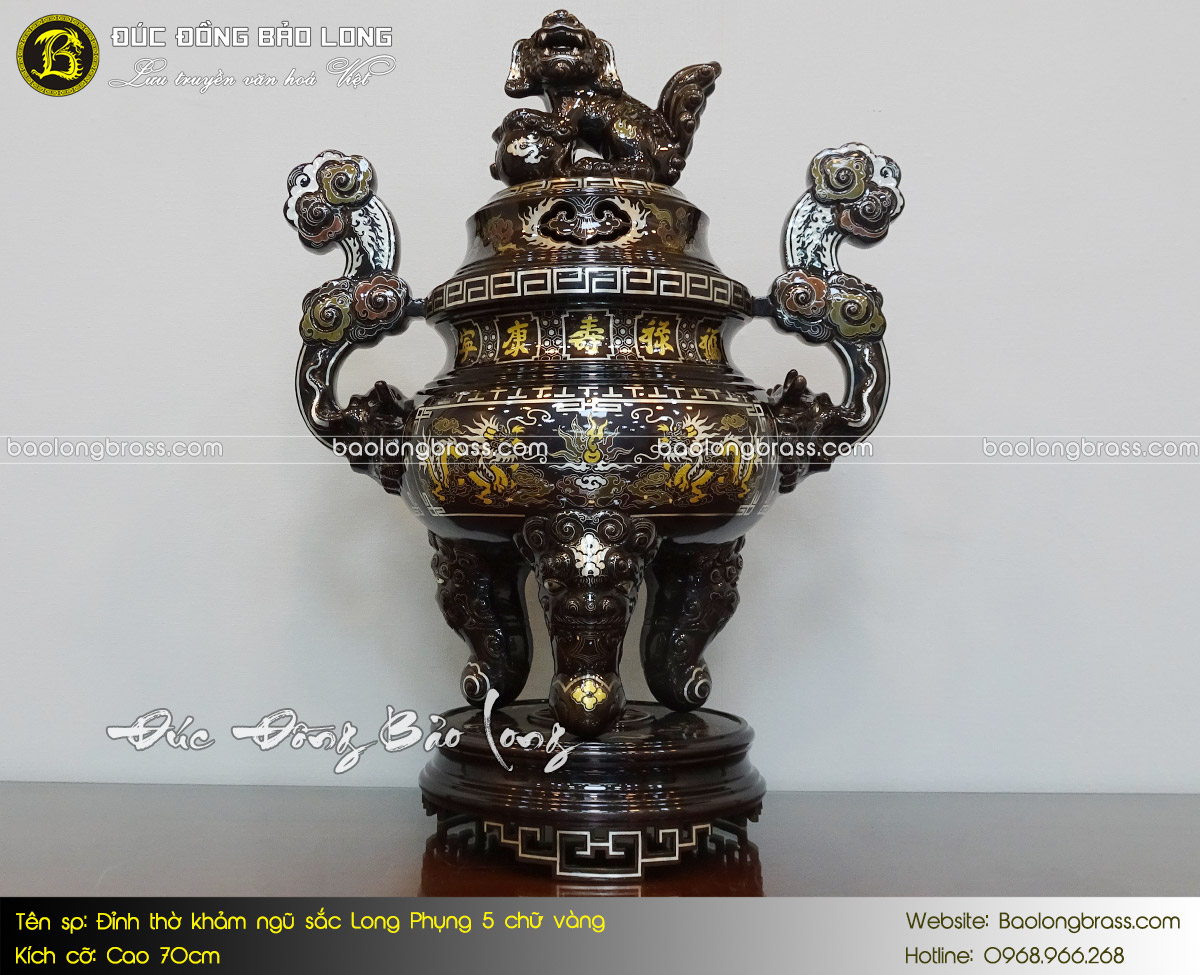 Lư Thờ Bằng Đồng Khảm Ngũ Sắc Long Phụng 5 Chữ Vàng 70cm ở Sài Gòn