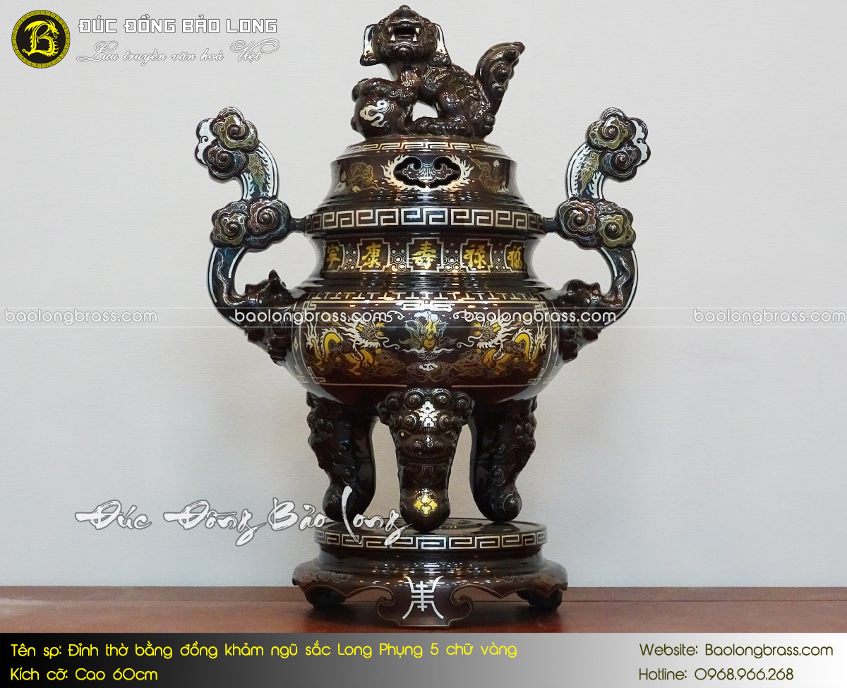 Lư Thờ Bằng Đồng Khảm Ngũ Sắc Long Phụng 5 Chữ Vàng 60cm ở Sài Gòn