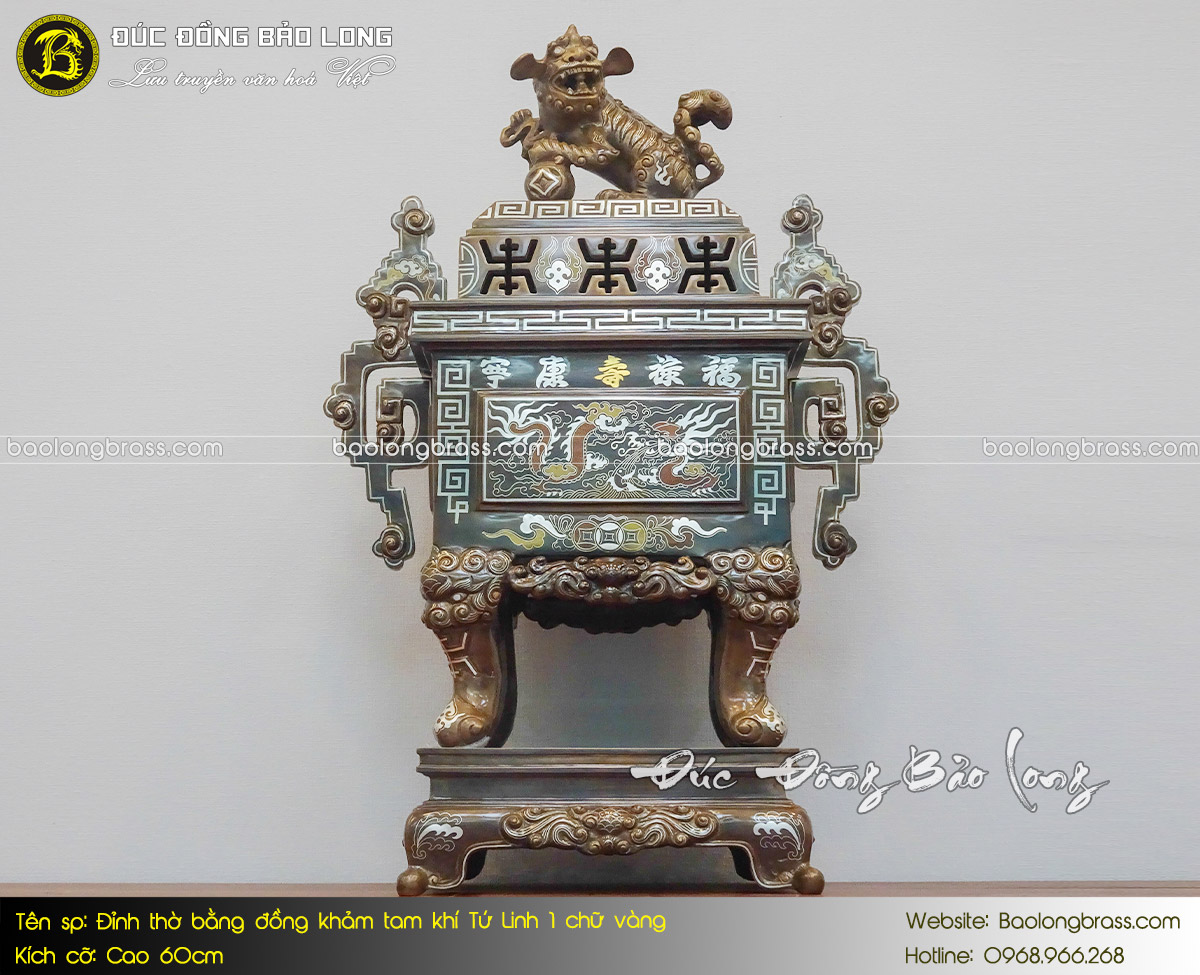 Lư Thờ Bằng Đồng Khảm Tam Khí Tứ Linh 1 Chữ Vàng Cao 60cm ở Sài Gòn