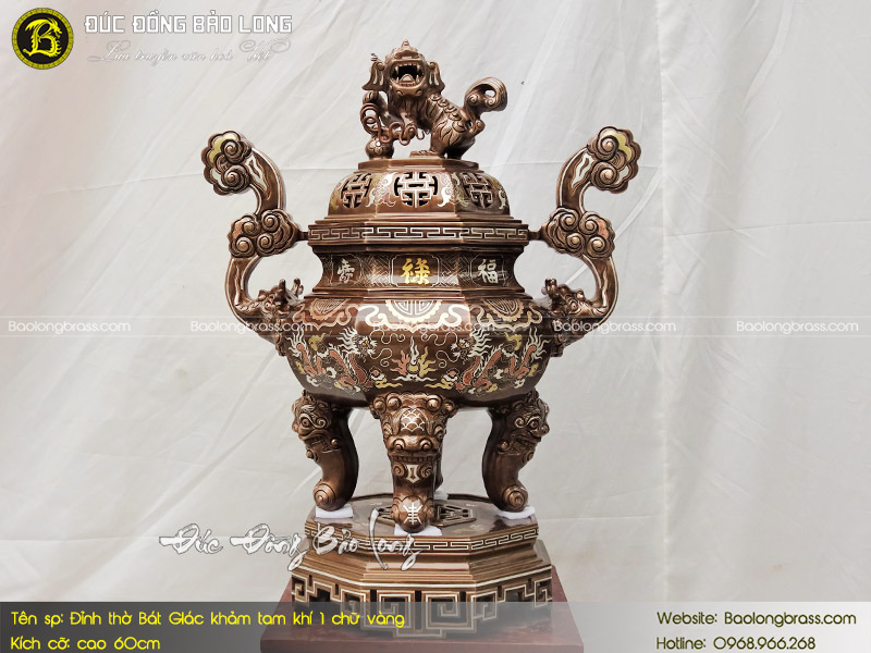 Lư Thờ Bát Giác Khảm Tam Khí 1 Chữ Vàng 60cm ở Sài Gòn