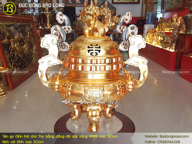 Lư Thờ Chữ Thọ Bằng Đồng Đỏ Dát Vàng 9999 Cao 50cm ở Sài Gòn