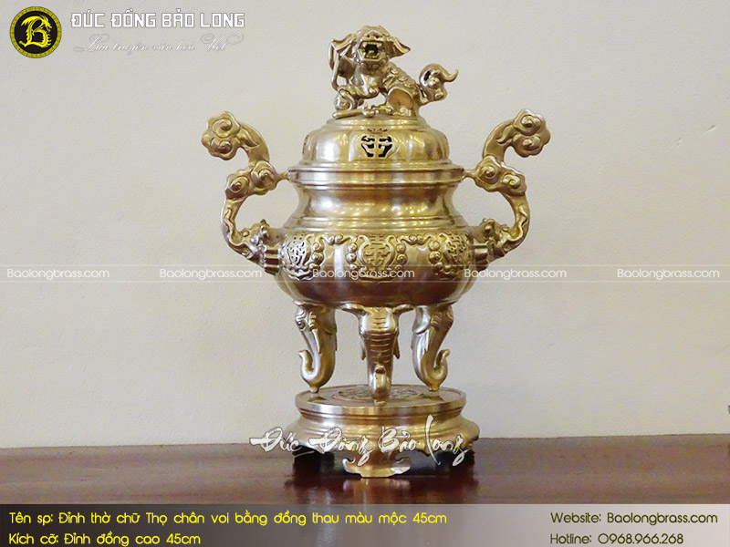 Lư Thờ Chữ Thọ Chân Voi Bằng Đồng Thau Màu Mộc 45cm ở Sài Gòn