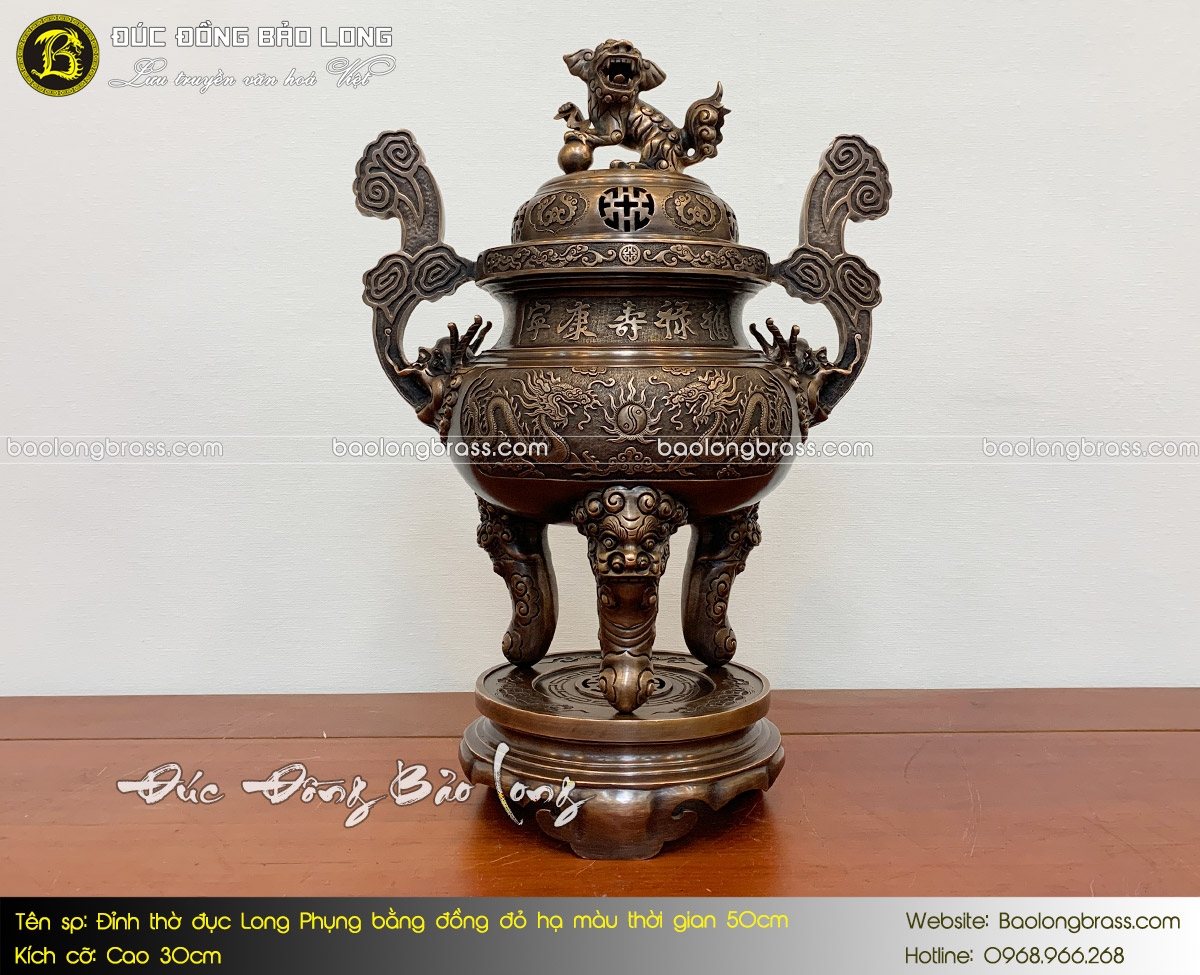 Lư Thờ Đục Long Phụng Bằng Đồng Đỏ Hạ Màu Thời Gian 50cm ở Sài Gòn