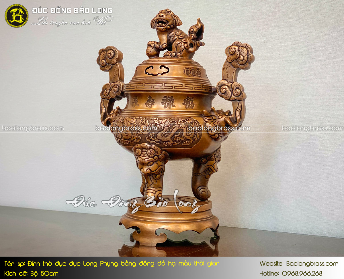 Lư Thờ Bằng Đồng Đỏ Mẫu Đục Long Phụng Hạ Màu Thời Gian Cao 50cm ở Sài Gòn