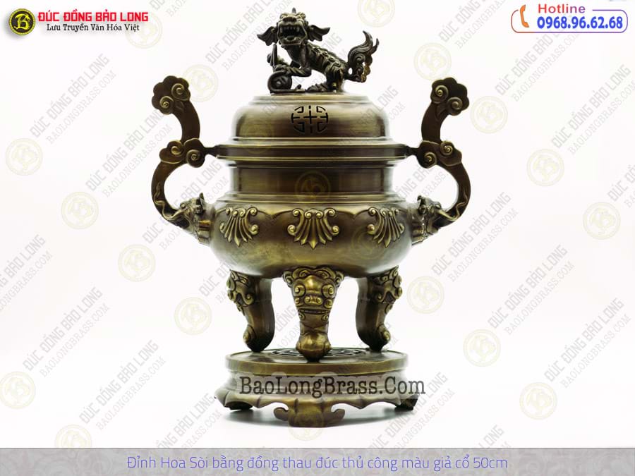 Lư Thờ Hoa Sòi Bằng Đồng Thau Đúc Thủ Công Màu Giả Cổ Cao 50cm ở Sài Gòn