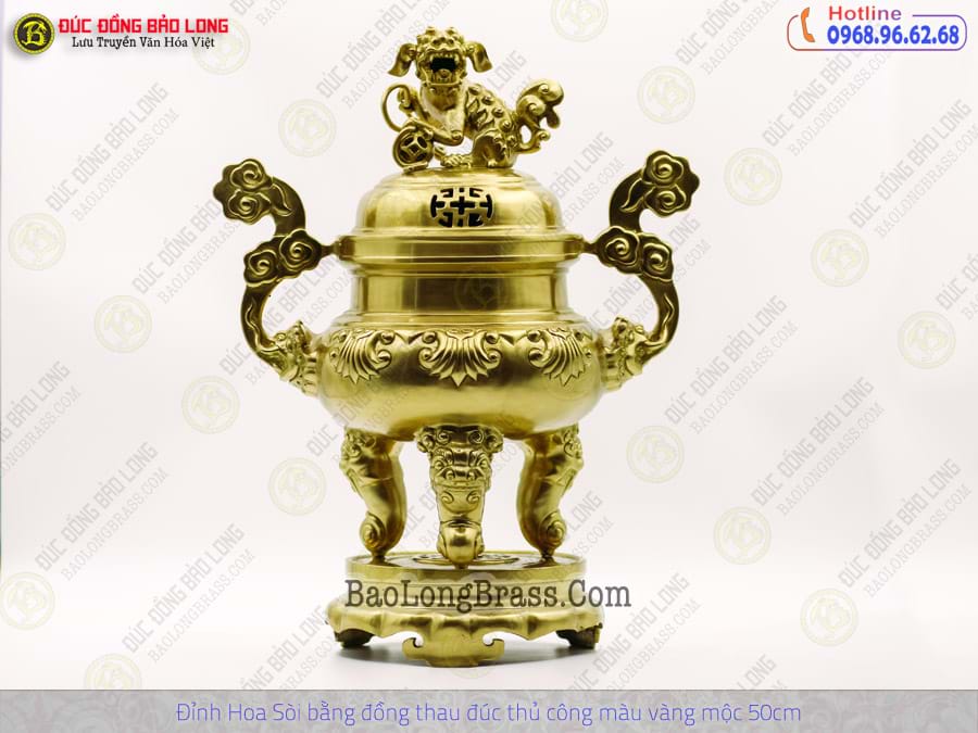 Lư Thờ Hoa Sòi Bằng Đồng Thau Đúc Thủ Công Màu Vàng Mộc 50cm ở Sài Gòn