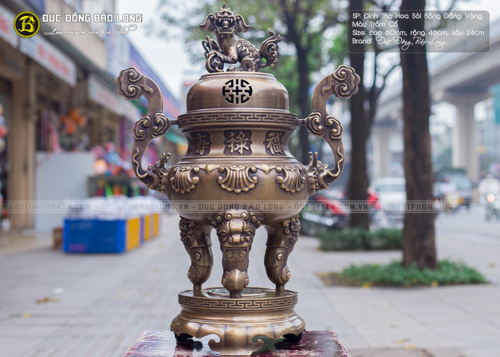 Lư Thờ Hoa Sòi Bằng Đồng Thau Màu Giả Cổ Cao 60cm ở Sài Gòn