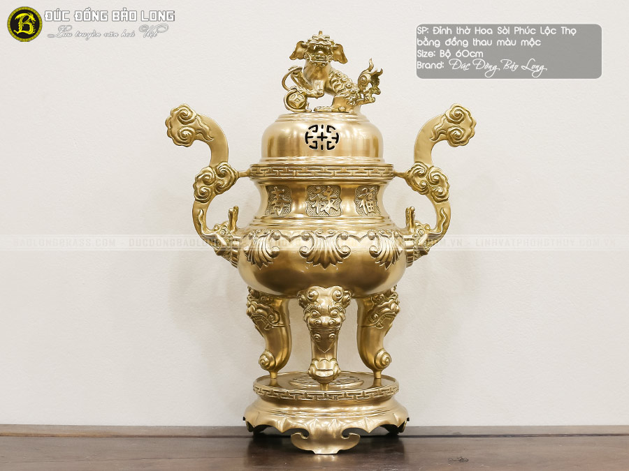 Lư Thờ Hoa Sòi Bằng Đồng Thau Màu Vàng Mộc Cao 60cm ở Sài Gòn