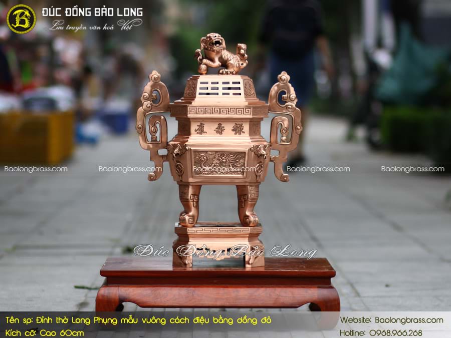 Lư Thờ Long Phụng Mẫu Vuông Cách Điệu Bằng Đồng Đỏ 60cm ở Sài Gòn
