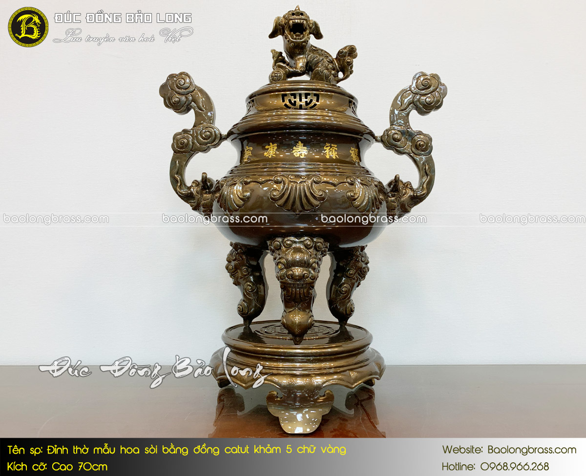 Lư Thờ Mẫu Hoa Sòi Bằng Đồng Catut Khảm 5 Chữ Vàng 70cm ở Sài Gòn