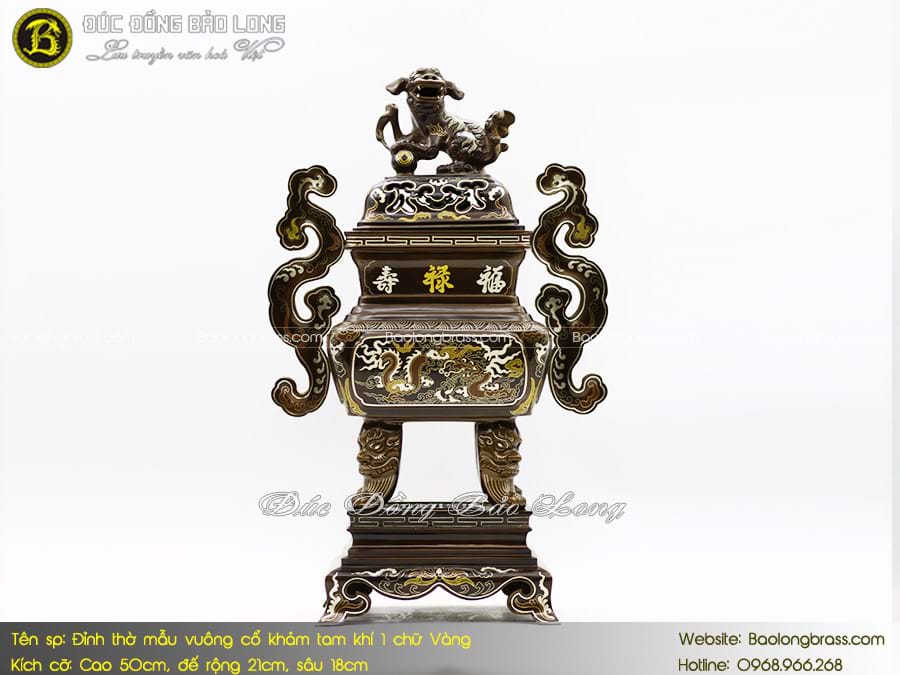 Lư Thờ Mẫu Vuông Cổ Long Phụng Bằng Đồng Khảm Tam Khí 50cm ở Sài Gòn