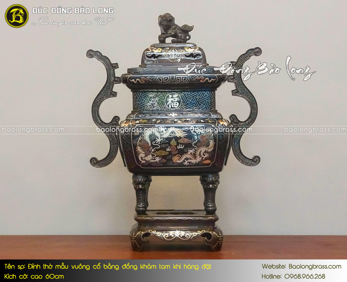 Lư Thờ Mẫu Vuông Cổ Bằng Đồng Khảm Tam Khí Hàng Đặt ở Sài Gòn