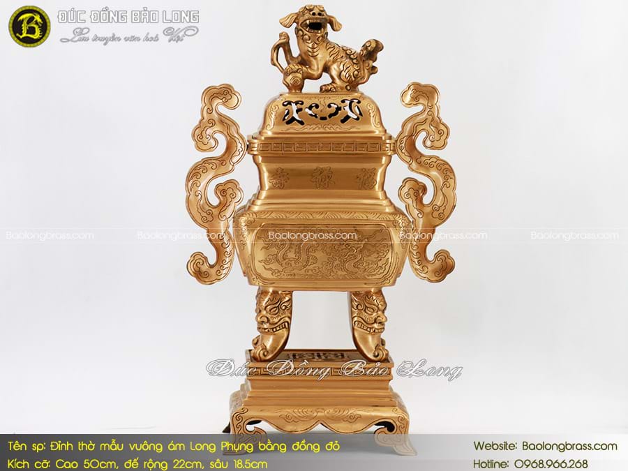 Lư Thờ Mẫu Vuông Ám Long Phụng Bằng Đồng Đỏ Màu Mộc 50cm ở Sài Gòn