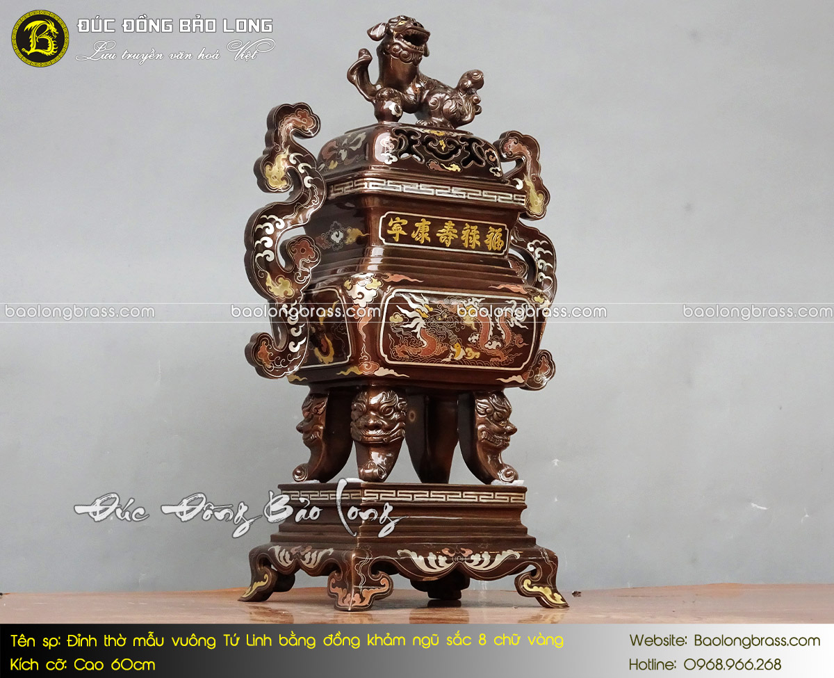 Lư Thờ Mẫu Vuông Tứ Linh Bằng Đồng Khảm Ngũ Sắc 8 Chữ Vàng ở Sài Gòn