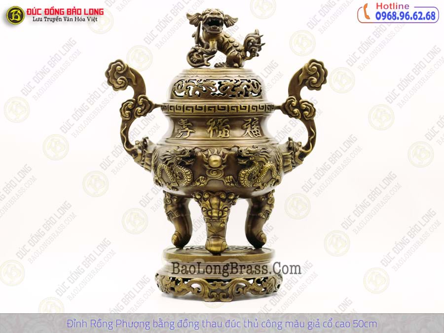Lư Thờ Rồng Phượng Bằng Đồng Thau Đúc Thủ Công Màu Giả Cổ Cao 50cm ở Sài Gòn