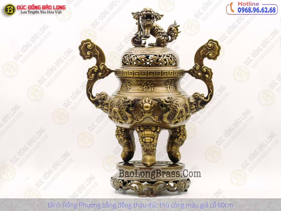 Lư Thờ Rồng Phượng Bằng Đồng Thau Đúc Thủ Công Màu Giả Cổ Cao 60cm ở Sài Gòn
