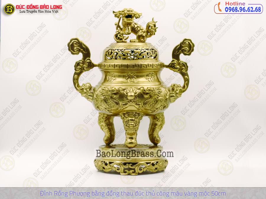 Lư Thờ Rồng Phượng Bằng Đồng Thau Đúc Thủ Công Màu Vàng Mộc Cao 50cm ở Sài Gòn