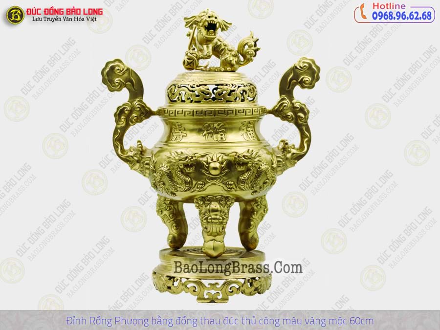 Lư Thờ Rồng Phượng Bằng Đồng Thau Đúc Thủ Công Màu Vàng Mộc Cao 60cm ở Sài Gòn
