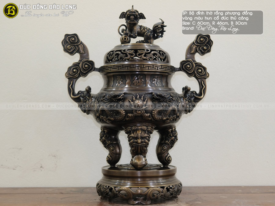 Lư Thờ Đúc Nổi Long Phụng Bằng Đồng Thau Màu Trầm Cổ Cao 60cm ở Sài Gòn