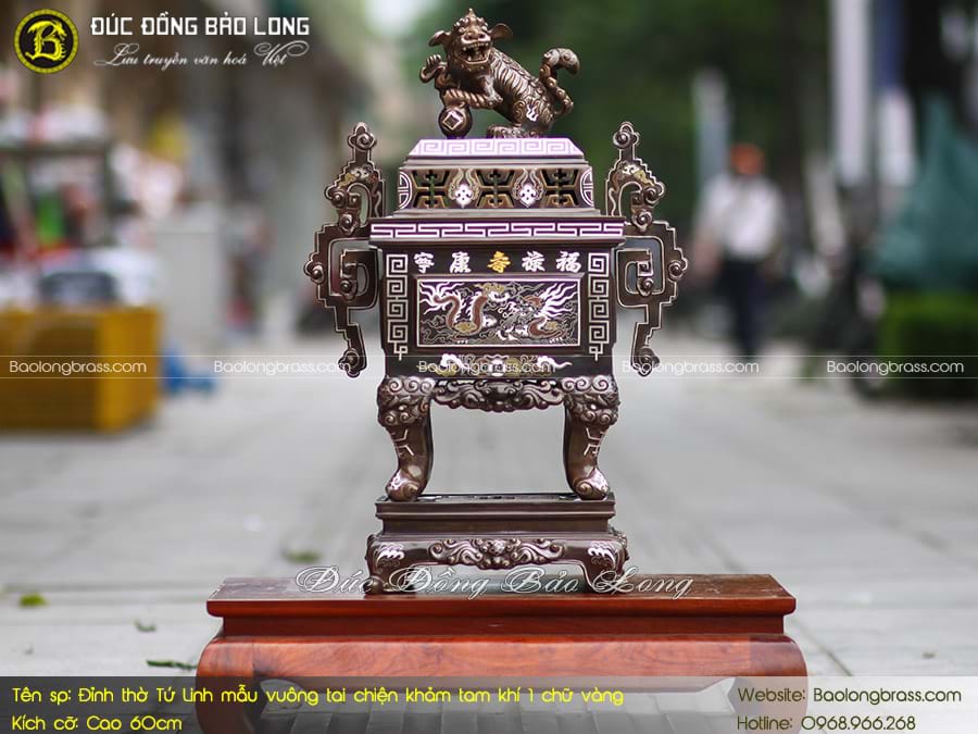 Lư Thờ Tứ Linh Mẫu Vuông Tai Chiện Bằng Đồng Khảm Tam Khí 60cm ở Sài Gòn