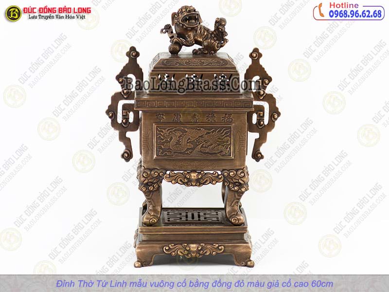 Lư Thờ Tứ Linh Mẫu Vuông Cổ Bằng Đồng Đỏ Màu Giả Cổ Cao 60cm ở Sài Gòn