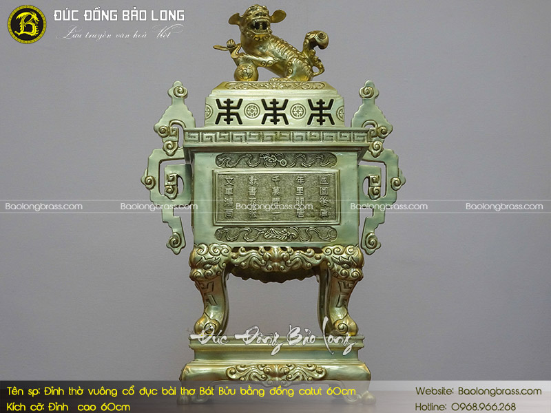 Lư Thờ Vuông Cổ Đục Bài Thơ Bằng Đồng Catut 60cm ở Sài Gòn