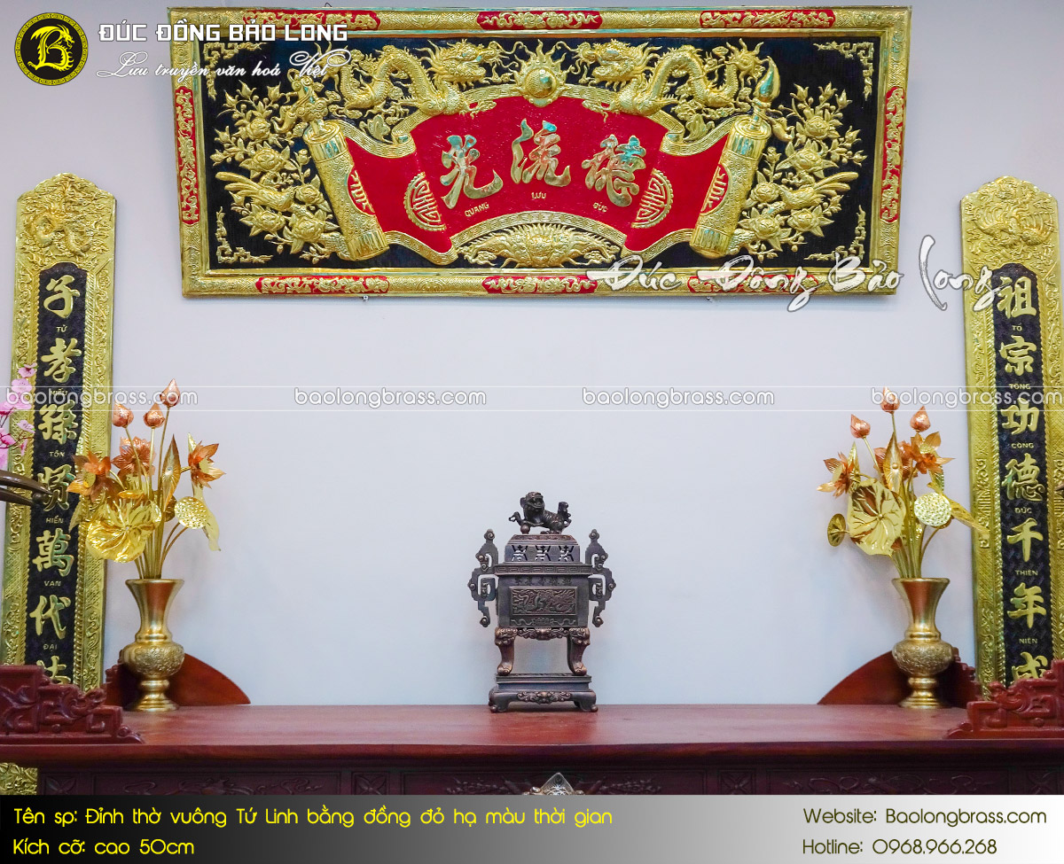 Lư Thờ Vuông Tứ Linh Bằng Đồng Đỏ Hạ Màu Thời Gian 50cm ở Sài Gòn