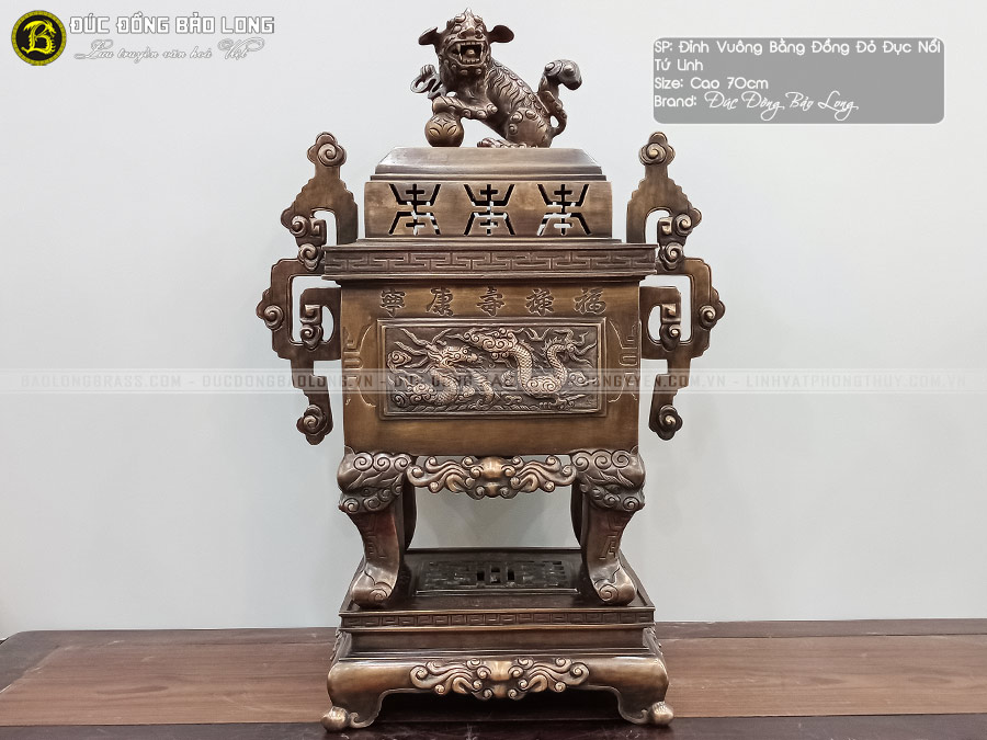 Lư Thờ Vuông Đục Nổi Tứ Linh Bằng Đồng Đỏ Hạ Màu Thời Gian Cao 70cm ở Sài Gòn