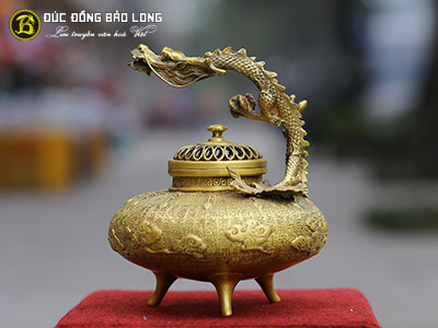 Lư Xông Trầm Quai Rồng Bằng Đồng Vàng Cao 22cm tại Sài Gòn TPHCM
