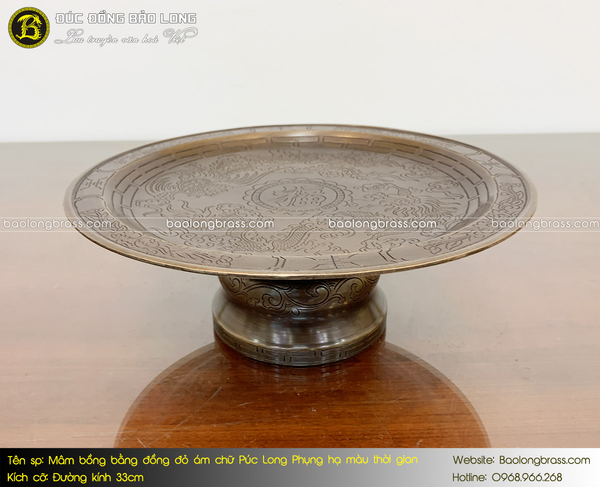 Mâm Trái Cây - Mâm Bồng Bằng Đồng Đỏ Ám Chữ Phúc Long Phụng Hạ Màu Thời Gian ĐK 33cm