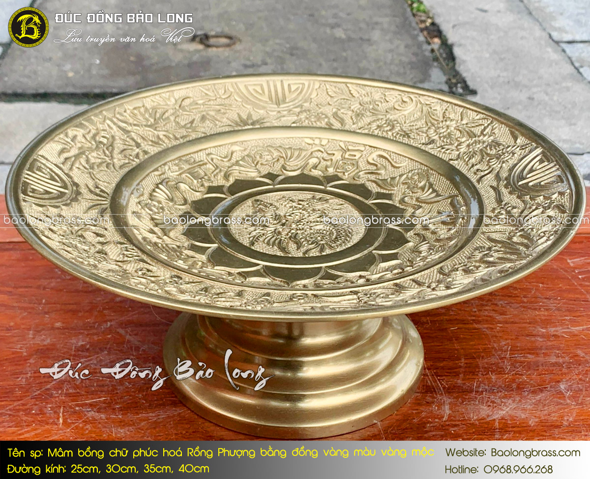 Mâm Trái Cây - Mâm Bồng Chữ Phúc Hoá Rồng Phượng Bằng Đồng Thau Màu Mộc
