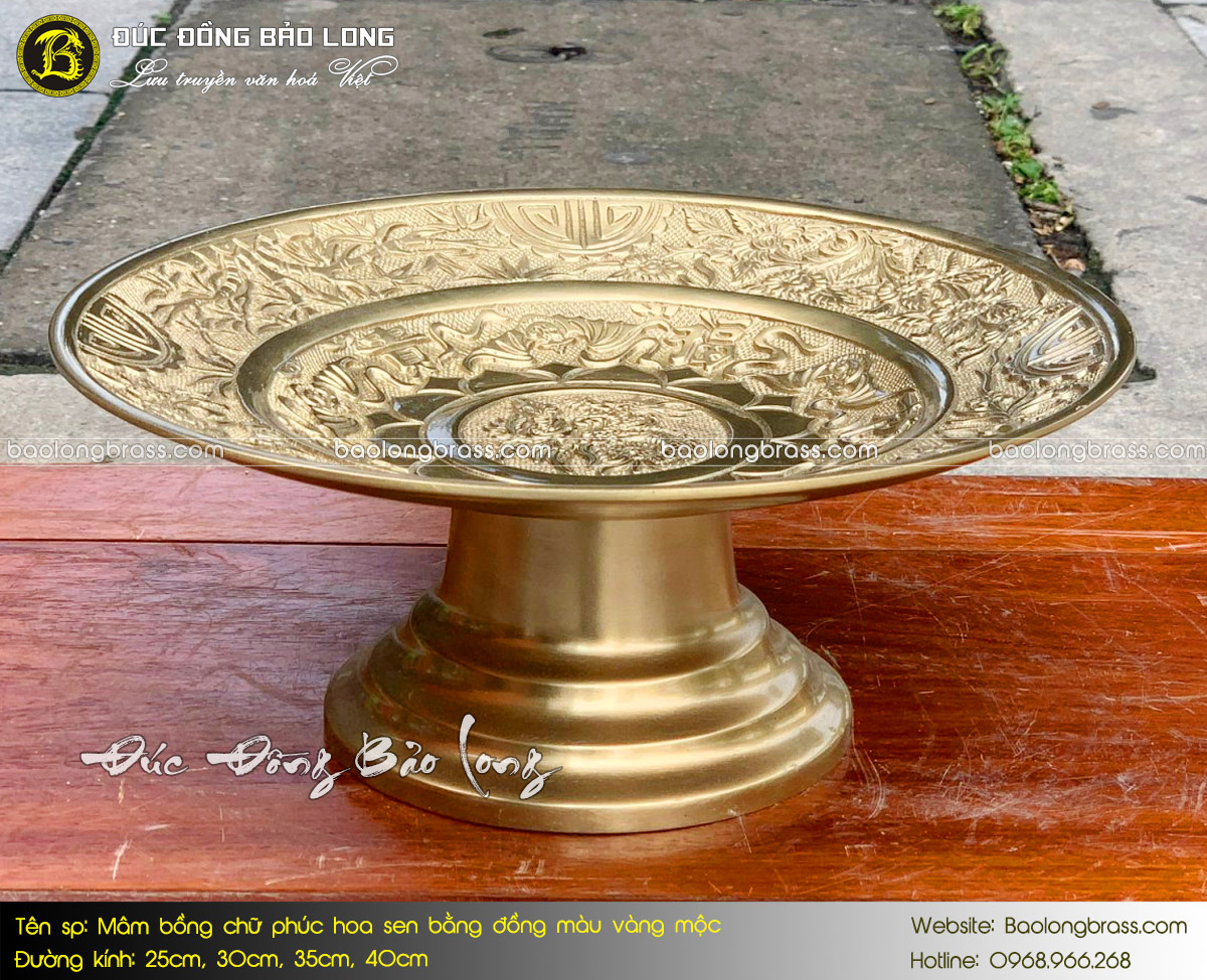 Mâm Trái Cây - Mâm Bồng Chữ Phúc Hoa Sen Bằng Đồng Vàng Màu Vàng Mộc