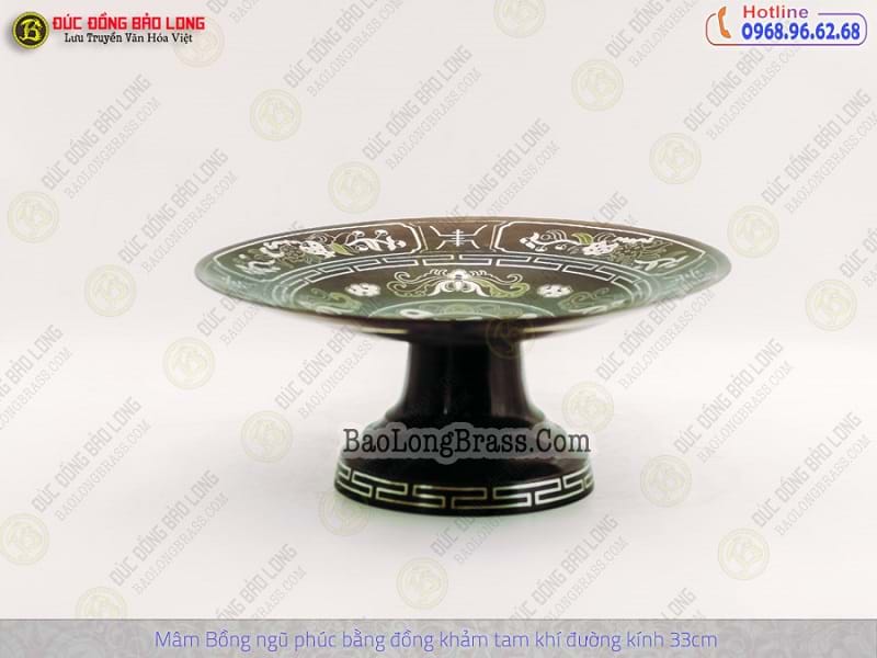 Mâm Trái Cây - Mâm Bồng Ngũ Phúc Bằng Đồng Khảm Tam Khí Đk 33cm