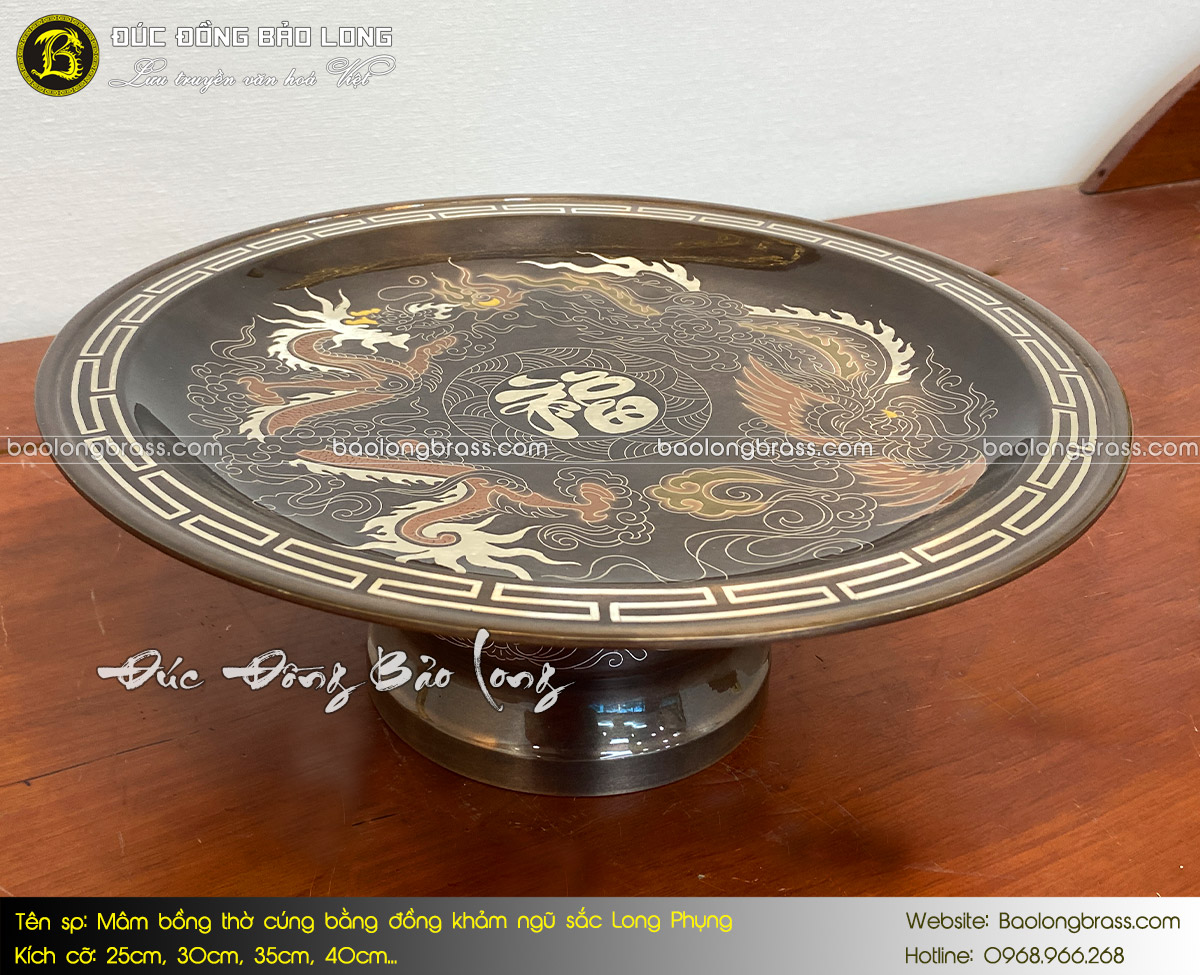 Mâm Trái Cây - Mâm Bồng Thờ Cúng Bằng Đồng Khảm Ngũ Sắc Long Phụng