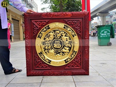 Tranh Mâm Đồng Tứ Linh Chữ Phúc 60cm Mạ Vàng, Khung 88cm tại Sài Gòn TPHCM