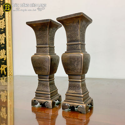 Ống Nhang Vuông Ám Hoa Văn 30cm Bằng Đồng Đỏ