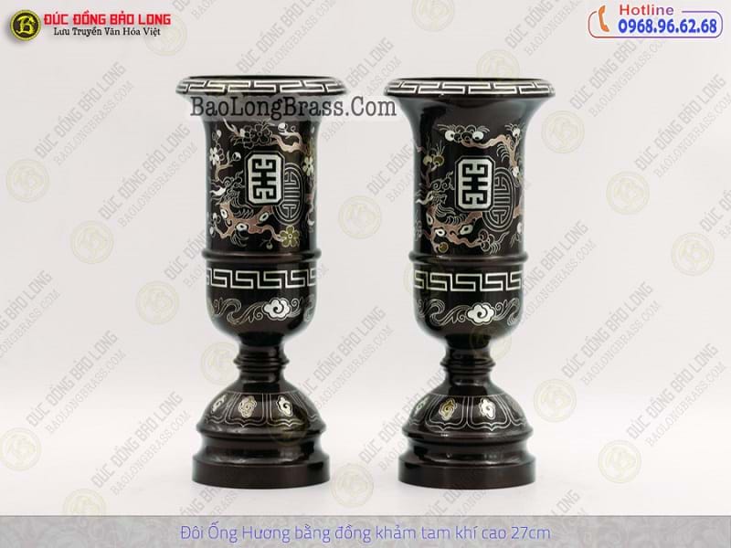 Ống Nhang Bằng Đồng Khảm Tam Khí Cao 27cm (giá lẻ)